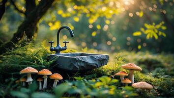 Stone Sink with Faucet and Mushrooms in Forest at Sunset photo