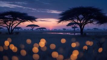 Tree Silhouettes at Dusk with Bokeh Lights in Foreground photo