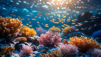 Coral Reef Ecosystem with Fish Swimming in Clear Blue Ocean Water photo