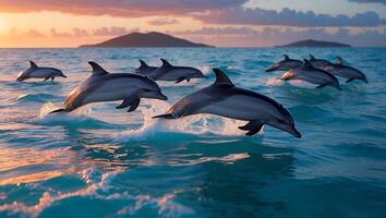 Dolphins Jumping From Ocean Water at Sunset with Islands Silhouette photo