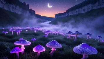 Glowing Mushrooms in a Misty Valley Under Crescent Moon at Night photo
