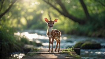Fawn Standing on Dock Overlooking River in Forest Sunlight photo