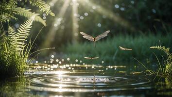 Dragonfly Flying Over Water Creating Ripples with Sunlight Glare Effect photo