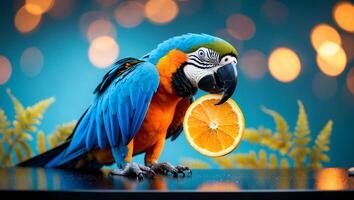 Macaw Eating Orange Slice in Studio Setting with Bokeh Background photo