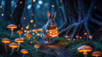 Rabbit Holding Jack O Lantern Walking Through Enchanted Mushroom Forest photo