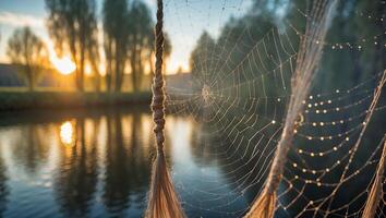 Spider Web with Dew Drops at Sunrise Over Still Water Scenery photo