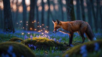 Fox Watching Glowing Lights Among Bluebell Flowers in Dark Forest photo