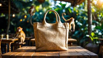 Jute Tote Bag on Wooden Table in Natural Outdoor Setting photo