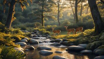 Deer at Stream with Forest Landscape and Sunlight Streaming Through photo