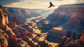 Bird Flying Over Grand Canyon Landscape with Warm Sunlight and Layers photo