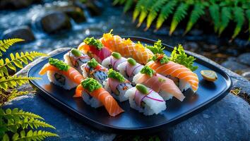 Assorted Sushi Nigiri Set on Stone with Serene Waterfall Backdrop photo