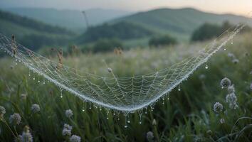 Spiderweb Covered with Dew Drops in a Grassy Field at Dawn photo