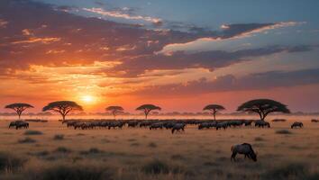 Wildebeest Grazing in Savannah at Sunset with Silhouetted Trees photo