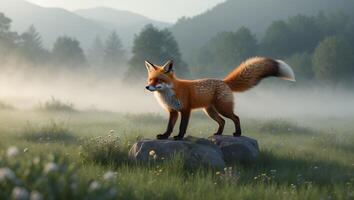Fox Standing on Rock in Foggy Meadow Early Morning Light photo