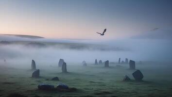 Bird Flying Over Standing Stones in Foggy Field at Dawn photo