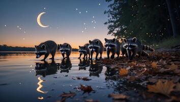 Raccoon Family Walking Along Lake Shore at Twilight with Starry Sky photo
