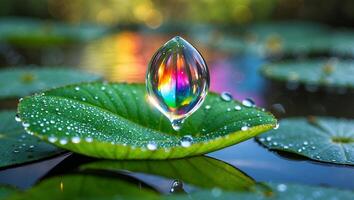 Water Drop on Leaf Reflecting Rainbow Colors in Pond photo