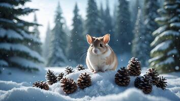 Hamster Sitting in Snowy Winter Forest with Pine Cones Around photo