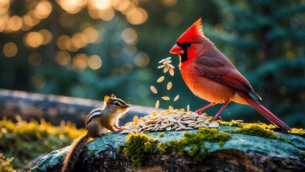Cardinal and Chipmunk Sharing Seeds in a Forest Setting photo