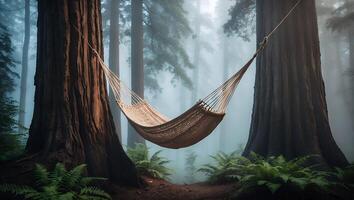 Hammock Hanging Between Tall Trees in a Foggy Tranquil Forest photo