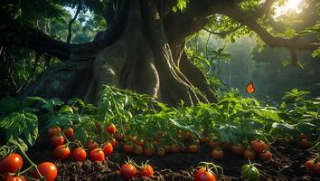 Tomato Plants Growing Near a Large Tree in a Lush Garden photo