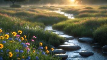 Flowing Stream Through Grassy Meadow with Wildflowers at Sunrise photo