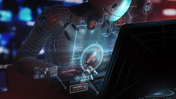 Robot controlling satellite using laptop with futuristic user interface video