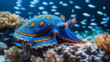 Blue and Orange Nudibranch Resting on Coral Reef with Fish Background photo