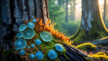 Fungi Growing on Fallen Tree Trunk in a Sunny Forest photo