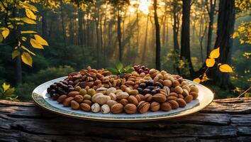 Assorted Nuts and Berries on Plate with Forest Background at Sunrise photo