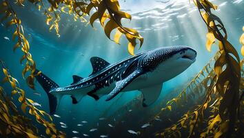 Whale Shark Swimming Underwater Through Kelp Forest with Sunlight photo
