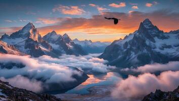 Eagle Soaring Above Mountain Lake at Sunrise with Foggy Valley photo