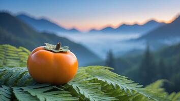 Ripe Persimmon on Green Fern with Mountain Vista Background photo