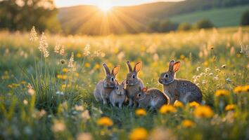 Rabbits Gathering in a Sunny Meadow with Dandelions and Wildflowers photo