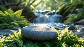 Smooth Gray Stone Nestled on Ferns by Flowing Stream Backdrop photo