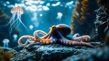 Octopus Resting on Rocky Seabed with Jellyfish Floating in Background photo