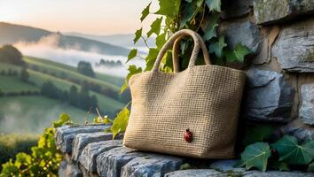 Jute Tote Bag on Stone Wall Overlooking Scenic Misty Landscape photo
