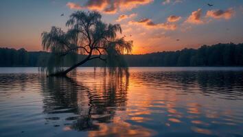 Willow Tree on Lake at Sunset Reflecting Vibrant Sky Colors photo