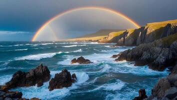 Ocean Waves Crashing on Rocky Coastline Under a Colorful Rainbow photo