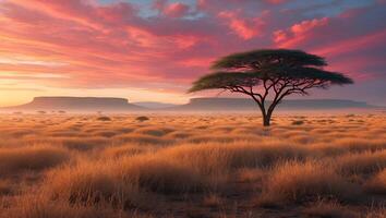 Solitary Tree Stands in Golden Grass Field Under Colorful Sunset photo