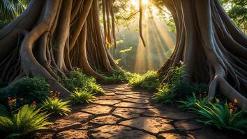 Walking Path Through Forest with Giant Trees and Sunlight photo