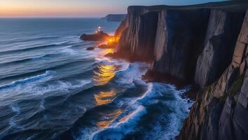 Lighthouse Shines on Cliffside Coast with Golden Sunset Reflections photo