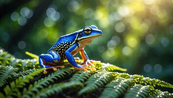 Blue and Yellow Frog Sitting on Green Fern in Forest photo