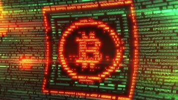 Bitcoin symbol emerging from programming code on screen video