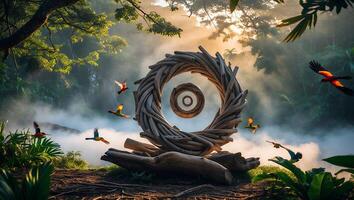 Circle Wood Sculpture in Forest with Flying Birds and Mist photo