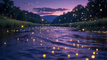 Glowing Light Strewn Over River in Magical Evening Nature Scene photo