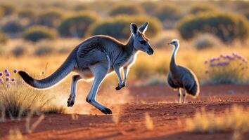 Kangaroo Jumping in Outback with Emu in Background at Sunrise photo