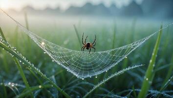Spider Resting on Dew Covered Web in Green Field at Dawn photo