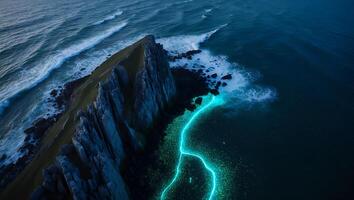 Rocky Island Coastline Meeting Ocean with Glowing Water Trail Aerial photo