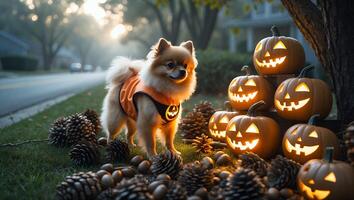 Dog in Costume with Pumpkins and Pinecones for Autumn Season photo